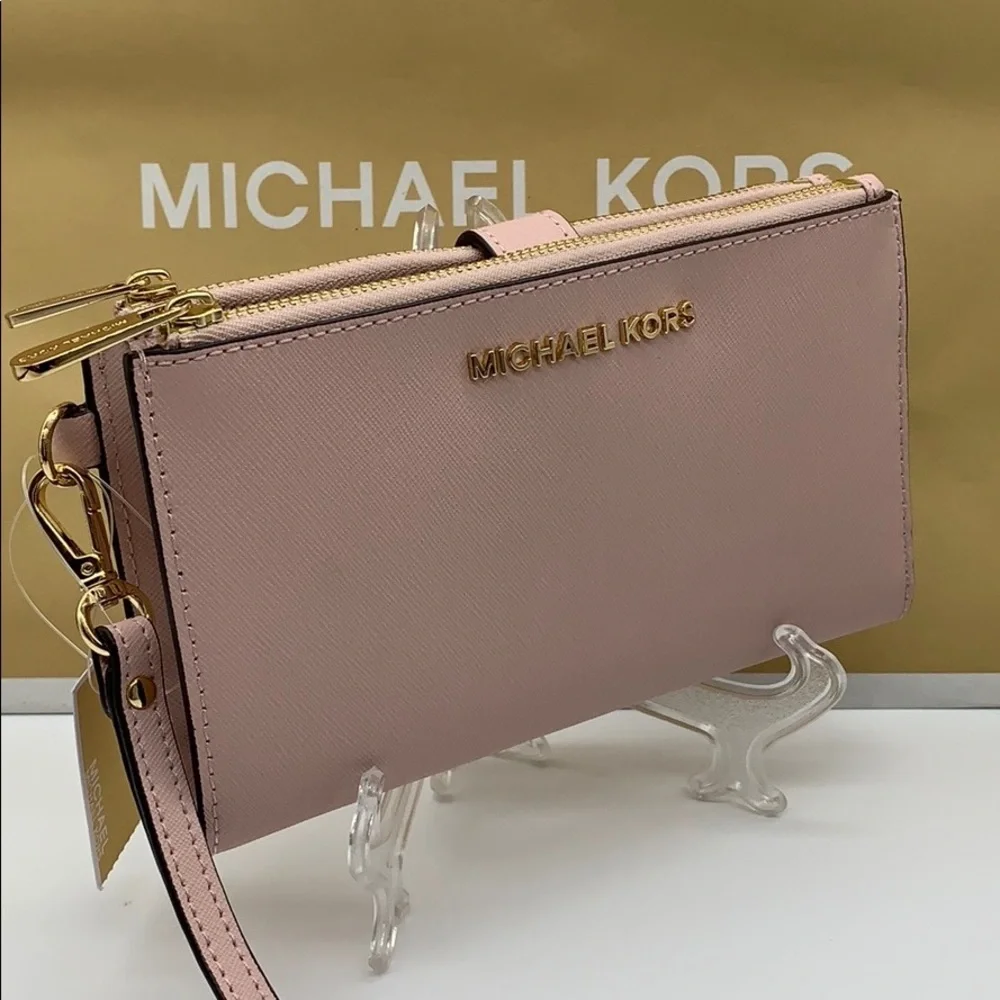 MICHAEL KORS LG DOUBLE ZIP WRISTLET BLOSSOM POWDER BLUSH NWT